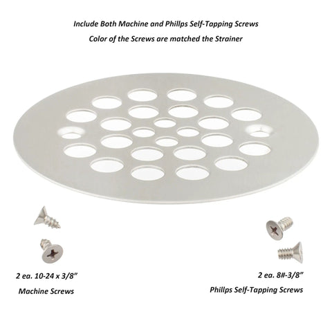 Solid Heavy Duty Shower Strainer Drain Cover With Screw In Trim Set Rust Resistant Brushed Nickel Finish showing screws and strainer design.