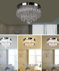 Dope Crystal Chandelier LED Ceiling Light With Remote Control Dimmable Flush Mount Fixture showcasing white, neutral, and warm light settings.