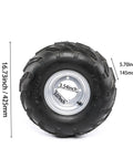 Close-up of 16X8-7 ATV tire and rim from Beefed Up Rear Live Axle Kit for Go Karts with dimensions marked, ready for install.