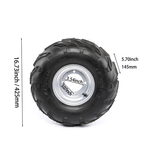 Close-up of 16X8-7 ATV tire and rim from Beefed Up Rear Live Axle Kit for Go Karts with dimensions marked, ready for install.