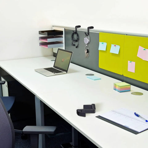 Office desk with 4 Pack Adjustable Cubicle Hooks For 1.8 To 3.5 Inch Panels And Walls, Plastic Coat Hooks For Laptops, Bags, Cases, And Coats, Sturdy Hangers With Easy Install, Style 1 Black holding keys and headphones on a partition