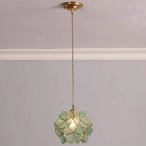 Petals Tiffany Style Stained Glass Ceiling Pendant Light with Eight Inch Lampshade in Textured Aqua Blue Cherry Blossom Finish