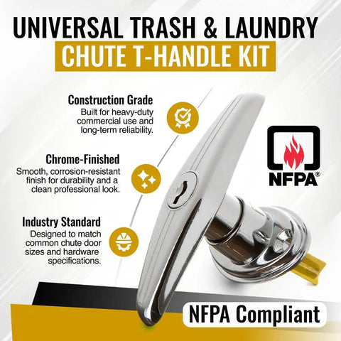 Trash Chute T Handle With V Spindle For Bottom And Side Hinged Doors Laundry Chute Door Latch Kit Includes Keys Spring Plunger And 2 Screws Chrome Finish Fits Most Home Trash And Laundry Chutes shown with chrome finish and NFPA compliant label.