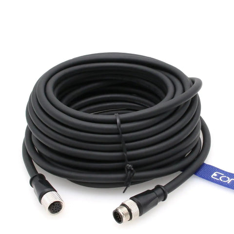 M12 A Code 12 Pin Male To Female Heavy Duty Flex Cable For Cognex Cameras Actuators Sensors Industrial Ethernet Fieldbus Washdown Ready Built To Last Anti Vibration Locking 10 Meter Length coiled on white background
