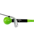 Lag Trainer For Golf Swing Practice And Warmup attached to Callaway 6 iron, green and black design for tempo drill