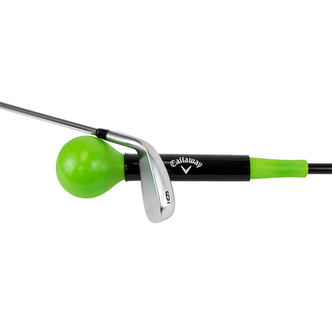 Lag Trainer For Golf Swing Practice And Warmup attached to Callaway 6 iron, green and black design for tempo drill