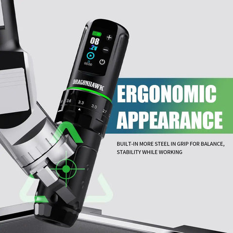 Cordless Tattoo Gun Kit Pro Grade Pen Machine With 7 Stroke Options Long Battery Life Two Batteries Power Supply Mcore Motor Needles And Cartridges For Pro Artists, ergonomic view