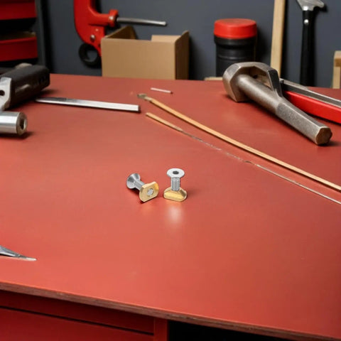 Brass Hydrofoil Mounting T Nuts With Screws M6 for Wing Foil Boards on workbench, saltwater ready hardware kit