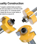 Knockout Quality 1/2 Inch Shank Rabbet Router Bit Set With Six Interchangeable Depth Bearings And Precision Carbide Cutters, featuring C3 Tungsten carbide blades.