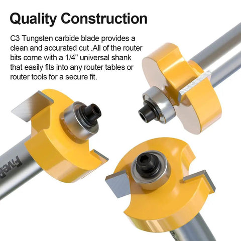 Knockout Quality 1/2 Inch Shank Rabbet Router Bit Set With Six Interchangeable Depth Bearings And Precision Carbide Cutters, featuring C3 Tungsten carbide blades.