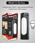 Packaging and contents of Max Matte Black Reading Lamp With A Twist To Reveal Or Hide Light For Shabbos Halacha Safe