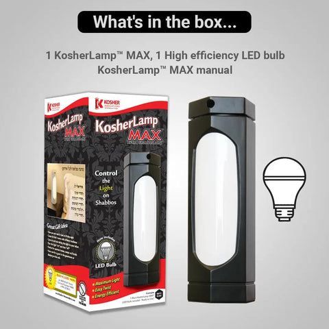 Packaging and contents of Max Matte Black Reading Lamp With A Twist To Reveal Or Hide Light For Shabbos Halacha Safe