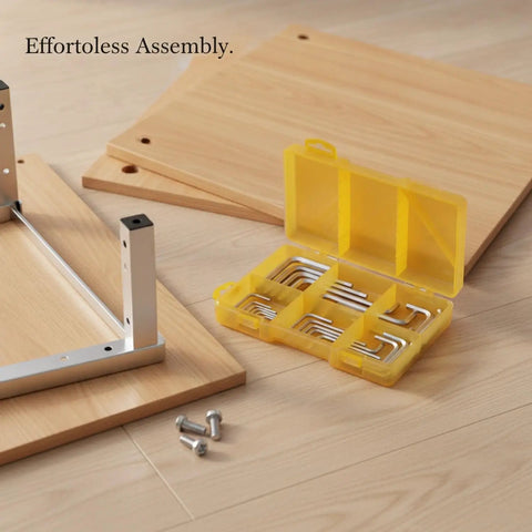 Durable PVC Hex Key Set With 9 Essential Inch And Metric Wrenches, Secure Soft-Lock Case Perfect For Furniture Assembly Or Serious Home Repairs You Gotta Get This Cool Tool Kit Today. Yellow PVC case with 9 hex keys beside furniture parts