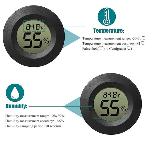 Six Pack Mini Hygrometer Thermometer Digital LCD Humidity And Temperature Monitor For Indoor Outdoor Use In Greenhouses And Reptile Enclosures Reads Fahrenheit Or Celsius Super Handy And Easy To Read, black round digital display