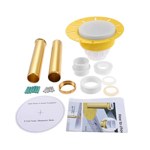 Premium Freestanding Tub Drain Kit With Tail Pipe Adapter For Bathtub Rough In Plumbing Connector No Sweat DIY Install State Standard P Trap Adapter parts including gold pipes, templates, and connectors.