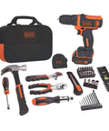 12V Max Drill And Home Tool Kit 60 Piece Set With Compact Lithium Ion Drill Driver LED Work Light and tools on display