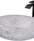 Top Notch Round Glass Vessel Sink Paired With A Sleek Waterfall Faucet Combo Solid Crystal Bathroom Vanity Bowl close view.