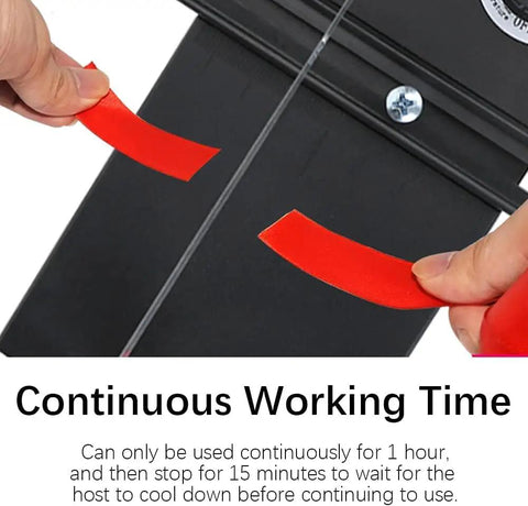 Hands using Heat Cutting Ribbon Cutter with Screwdriver Thermal Cutting Machine to cut red ribbon with precise edge.