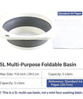 Road Trip Ready Lightweight Folding Wash Basin One Point Four Gallon Capacity No Fuss BPA Free Plastic Soaking Tub For Dorm Life Camping Treks And Housework Tasks Matte Grey with A4 paper for size reference.