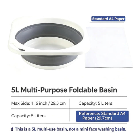 Road Trip Ready Lightweight Folding Wash Basin One Point Four Gallon Capacity No Fuss BPA Free Plastic Soaking Tub For Dorm Life Camping Treks And Housework Tasks Matte Grey with A4 paper for size reference.
