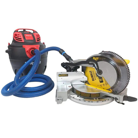 Antistatic Expanded Multi Brand Power Tool Dust Collection Adapter Set With Quick Click System connected to miter saw and vacuum