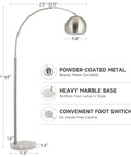 Tall Arc Floor Lamp With Marble Base In Brushed Nickel LED Bulb Included Adjustable Height 59 To 69 Inches 360 Rotating Shade
