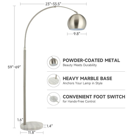 Tall Arc Floor Lamp With Marble Base In Brushed Nickel LED Bulb Included Adjustable Height 59 To 69 Inches 360 Rotating Shade