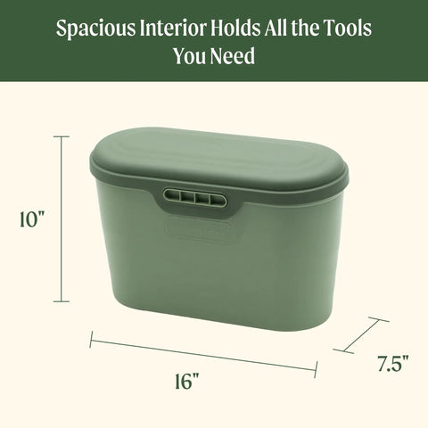 Heavy Duty Garden Tool Box Basil Green With Hinged Lid For Easy Access And Protection, showing dimensions 16 x 7.5 x 10 inches.
