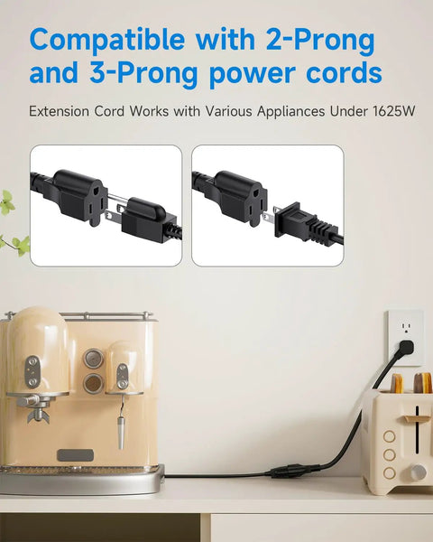 Ultra Thin Flat Plug Extension Cord 1Ft Right Angle Low Profile 3 Prong Grounded Power Cable installed in kitchen space