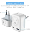 4 In 1 European Travel Plug Adapter with US Outlet and USB Ports, USB C Quick Charge shown with dual USB ports and EU plug