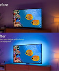 Before and after of a TV with LED Backlight Kit For 70 To 85 Inch TVs, 20ft USB Powered Light Strip, showcasing color changing RGB.