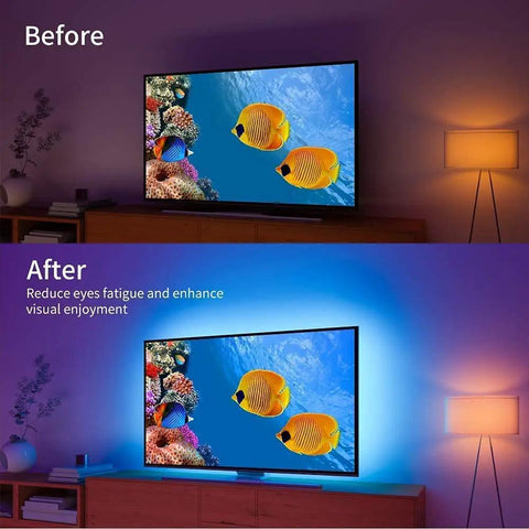 Before and after of a TV with LED Backlight Kit For 70 To 85 Inch TVs, 20ft USB Powered Light Strip, showcasing color changing RGB.