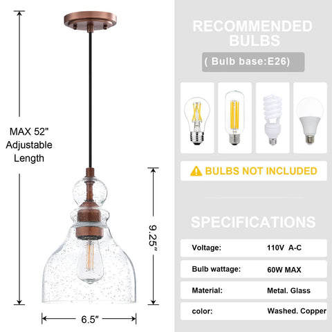 Image of Dope Industrial Farmhouse Glass Pendant Lights 6.5 Inch Hand Blown Seeded Glass Washed Copper Finish with specs.