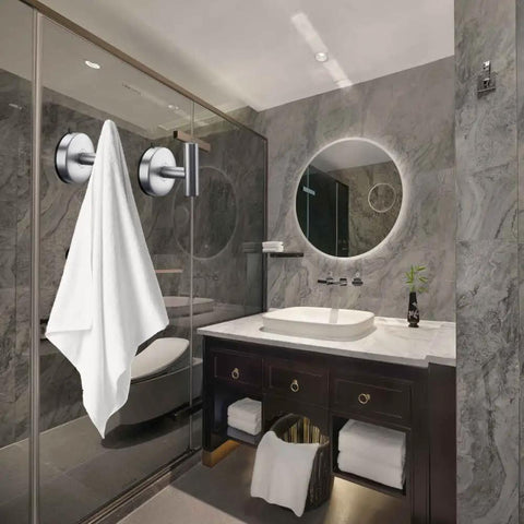 Heavy Duty Suction Cup Hooks Set Of 2 For Bathrooms, Brushed Nickel Towel Hangers displayed on shower glass