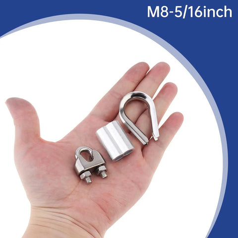 Hand holding components of 24 Piece M8 Wire Rope Cable Clamp Ferrule Kit with five sixteenth inch clamp, thimble, and sleeve.