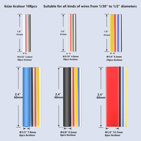 Different sizes and colors of 108 Piece Heat Shrink Tubing Kit With Adhesive Lined 3 To 1 Ratio, suitable for various wire diameters.
