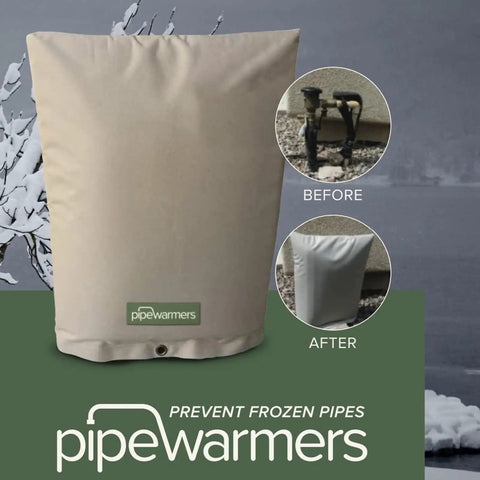 Super Tough Extra Thick Insulated Winter Pipe Cover Protects Backflow Preventers Pumps Sprinklers Valves From Freezing With Uv Coated Eva Nbr Foam In Harsh Cold Weather Twenty Four Inch By Thirty Six Inch Size shown with before and after images of outdoor pipes.