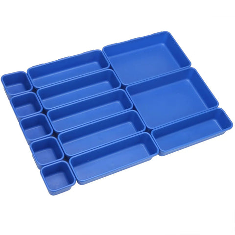Blue plastic 42 Pack Tool Box Organizer Tray Dividers for Rolling Chest Cabinet and Workbench Storage, various sizes visible.