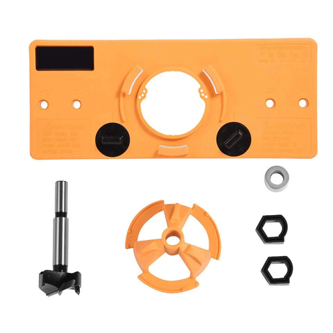 Respicefinem 35mm concealed hinge jig drill guide set in orange engineering plastic with central hole and accessories