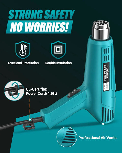 Heavy Duty Heat Gun With Dual Temperature 800F And 1112F, Pro Grade Hot Air Tool Kit With 4 Nozzles, Overload Protection