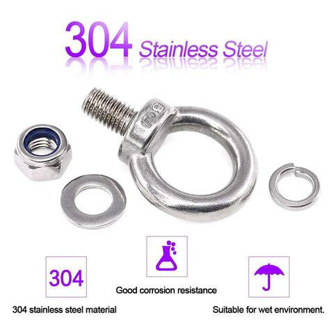 Heavy Duty 36 Piece Stainless Steel M8 Lifting Ring Eye Bolt Kit With 6 Eye Bolts And 10 Lock Nuts 10 Lock Washers And 10 Flat Washers Weatherproof And Rust Resistant For Indoor Outdoor Lifting And Hanging, 304 stainless steel eye bolt with nut and washers
