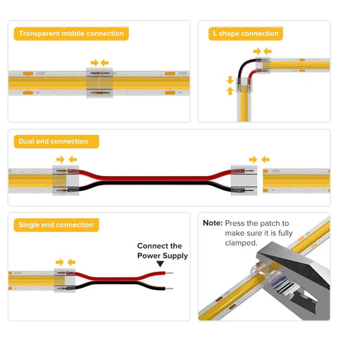 FCOB LED Connector Kit 8mm 0.31in Transparent Solderless Connectors for gapless strip to strip and corner joints diagram