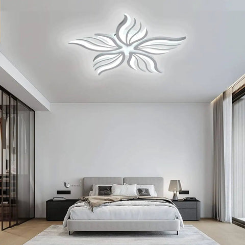 Modern Flower Shaped Dimmable Led Ceiling Light Fixture With Remote Control Acrylic Flush Mount Chandelier in bedroom setting