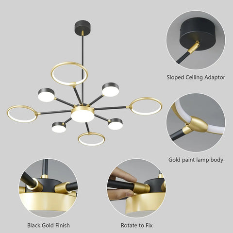 Modern Farmhouse Black And Gold LED Pendant Light 7 Light Sputnik Chandelier with sloped ceiling adaptor and gold paint finish.