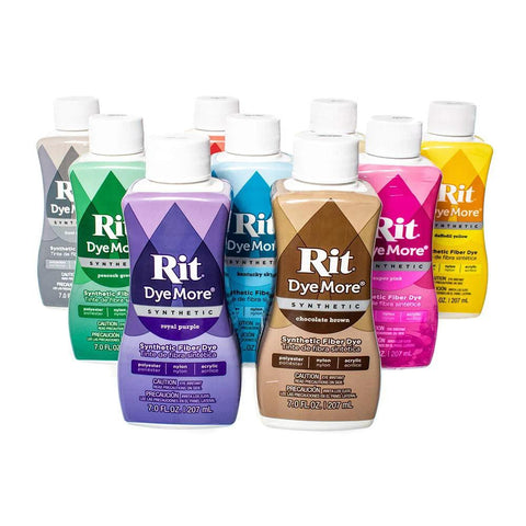 Rit DyeMore 7 oz liquid synthetic fiber dye set in assorted colors, nine bottles with white caps