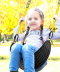Child using Heavy Duty Swing Seats 2 Pack With 66 Inch Chain And Carabiners For Outdoor Playset Replacement, black swing seat.