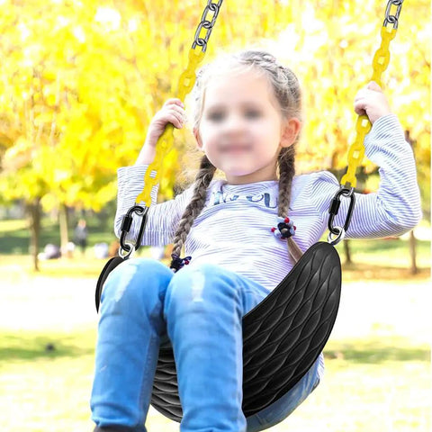 Child using Heavy Duty Swing Seats 2 Pack With 66 Inch Chain And Carabiners For Outdoor Playset Replacement, black swing seat.