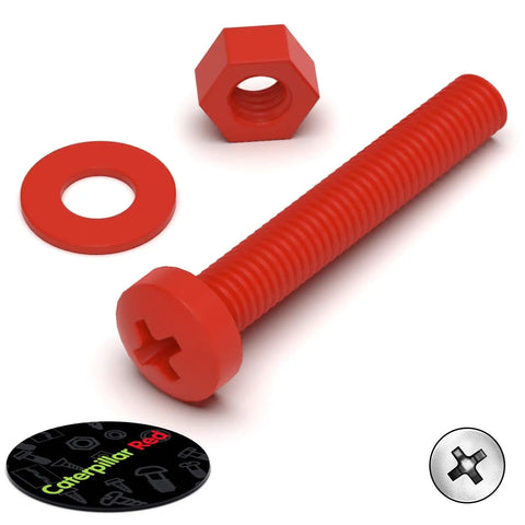 Heavy Duty Red Polypropylene Pan Head Cross Drive Plastic Screws And Bolts Fasteners M3 X 20 Millimeters with nut and washer.