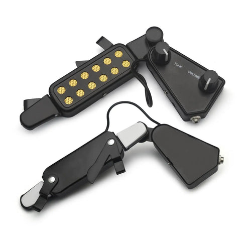 Soundhole Magnetic Pickup With Volume And Tone Controls For Acoustic Guitars, 12 Hole Transducer Kit displayed with volume knobs