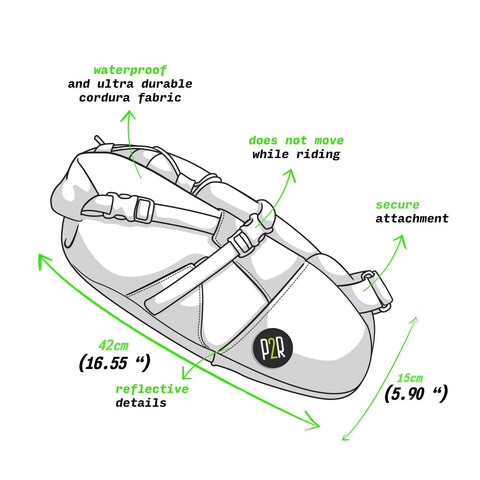 Diagram of Inova Light Bike Saddle Bag Water Resistant Cordura 1000D Under Seat Storage For Bikepacking Large Underseat Bag with size details